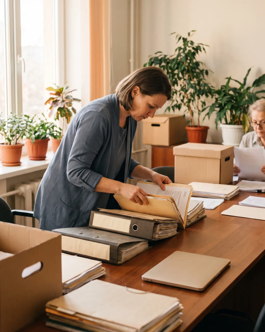 A paralegal organizing binders and folders before a trial