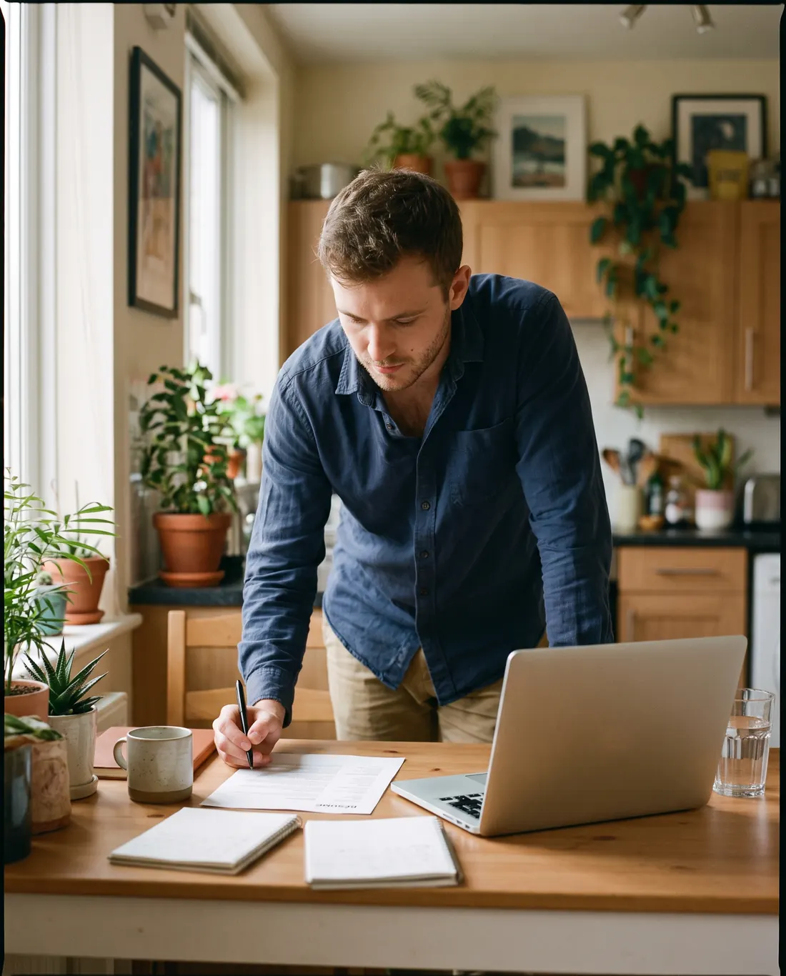 A job seeker reviewing his printed résumé at a kitchen table