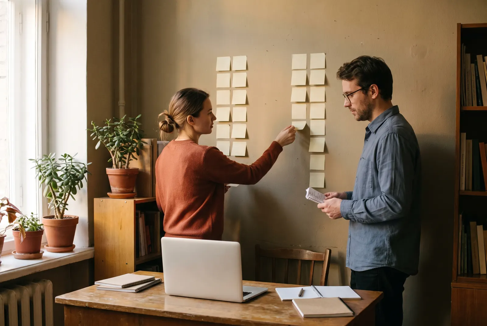 Two colleagues moving paper notes between two columns on a wall